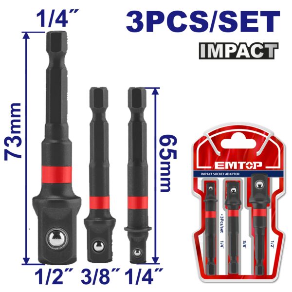 Set 3 Adaptador Alto Impacto Hex 1/4 A Enc Tubos 1/4,3/8 Y 1/2 Super Emtop Ebst365A01